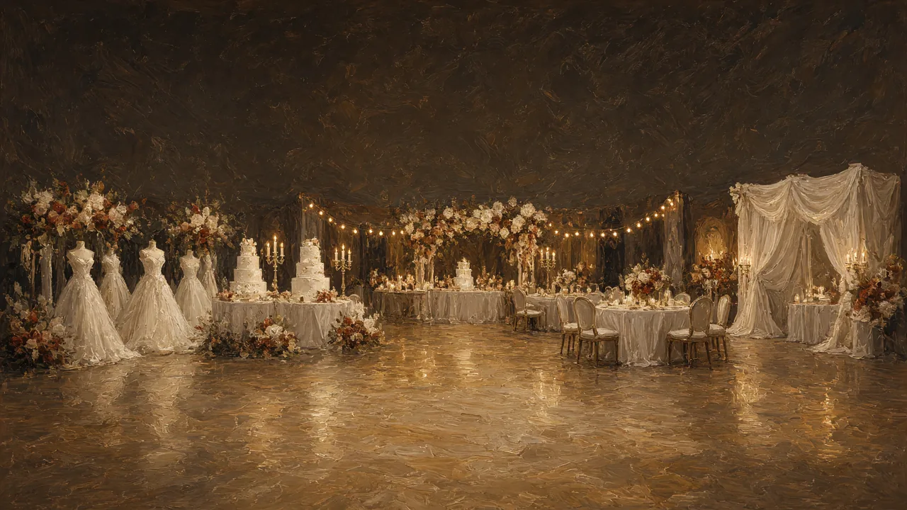 Painting of white gowns and draped tables under string lights.