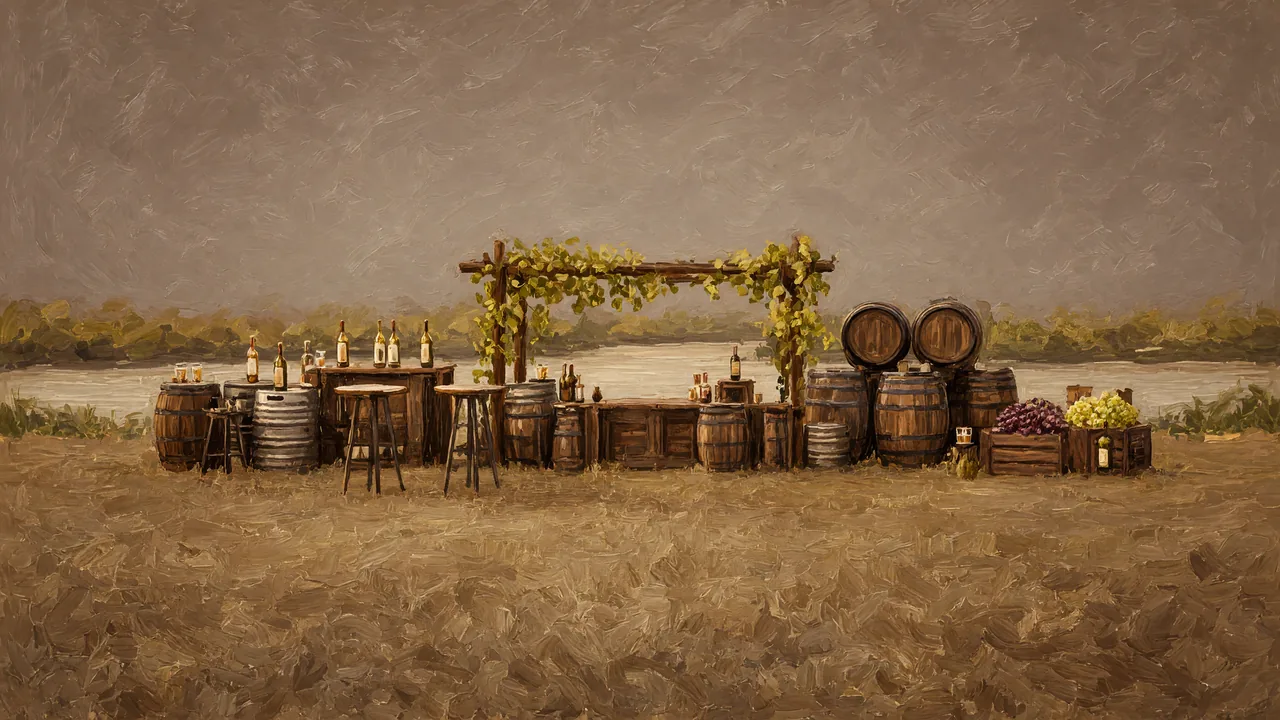 Painting of barrels and a vine-covered pergola by a lake.