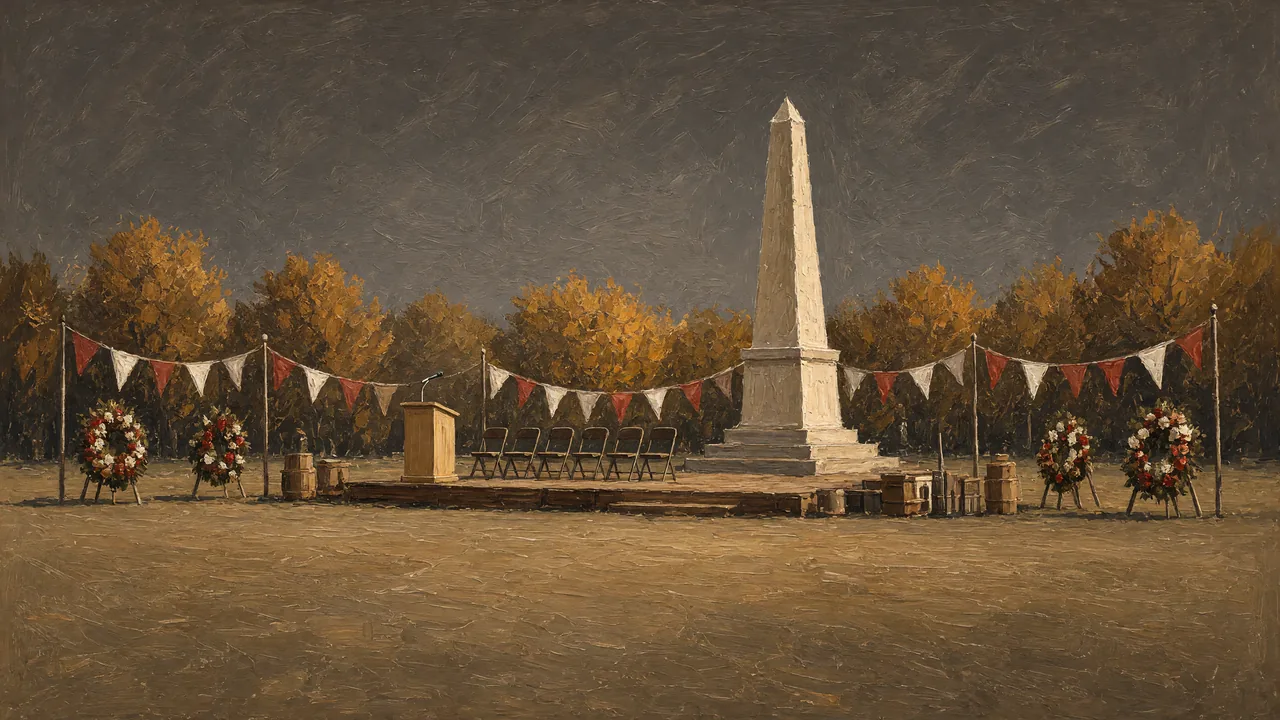 Painting of a stone monument and wreaths with bunting in a park.