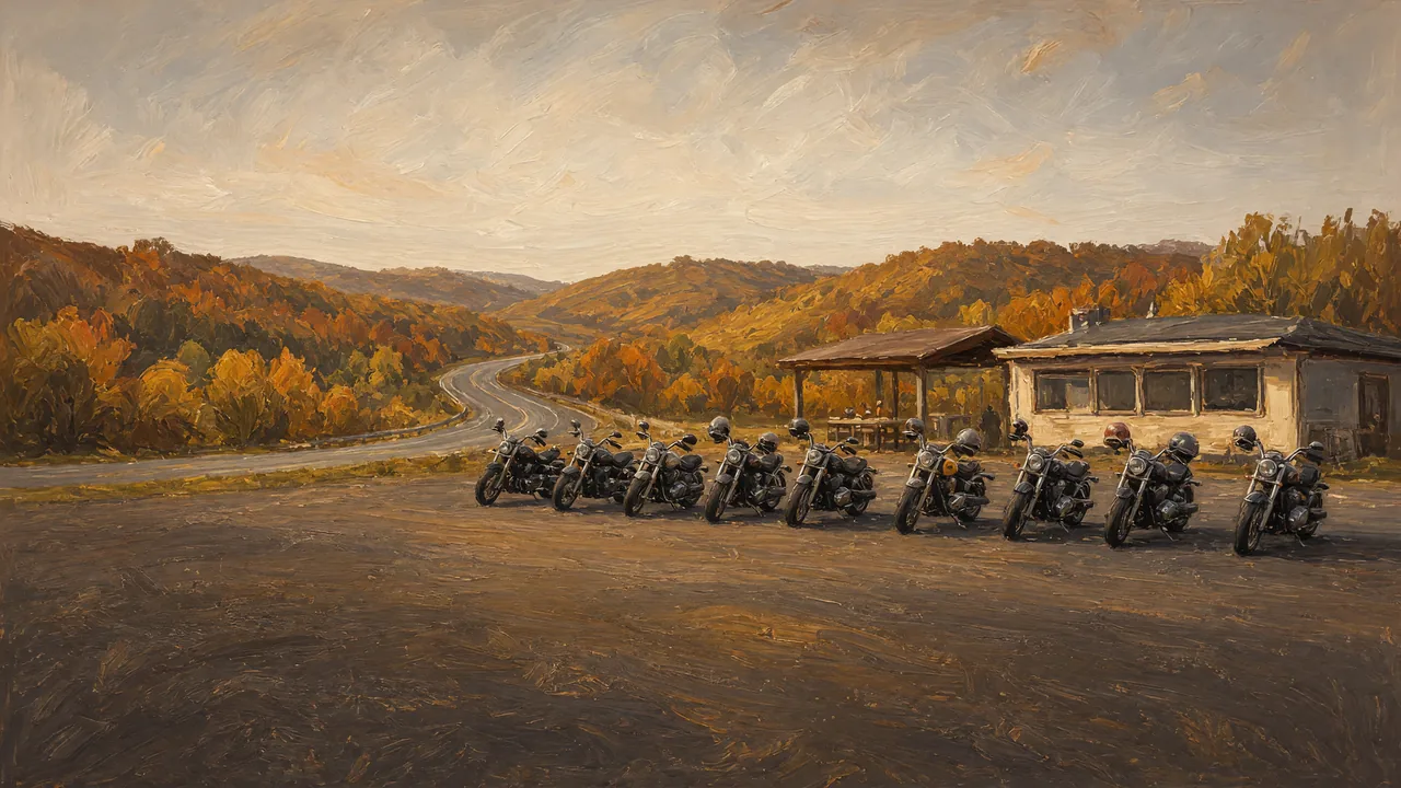 Painting of motorcycles lined up beside a roadside building in the hills.