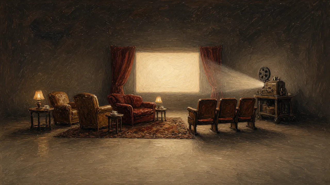 Painting of armchairs facing a glowing screen with red curtains.