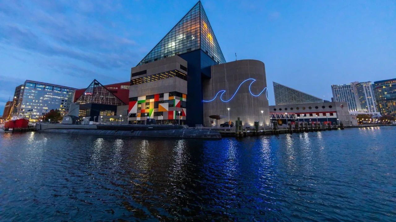 The National Aquarium's glass pyramid and harbor buildings at dusk, lights reflected in the water.