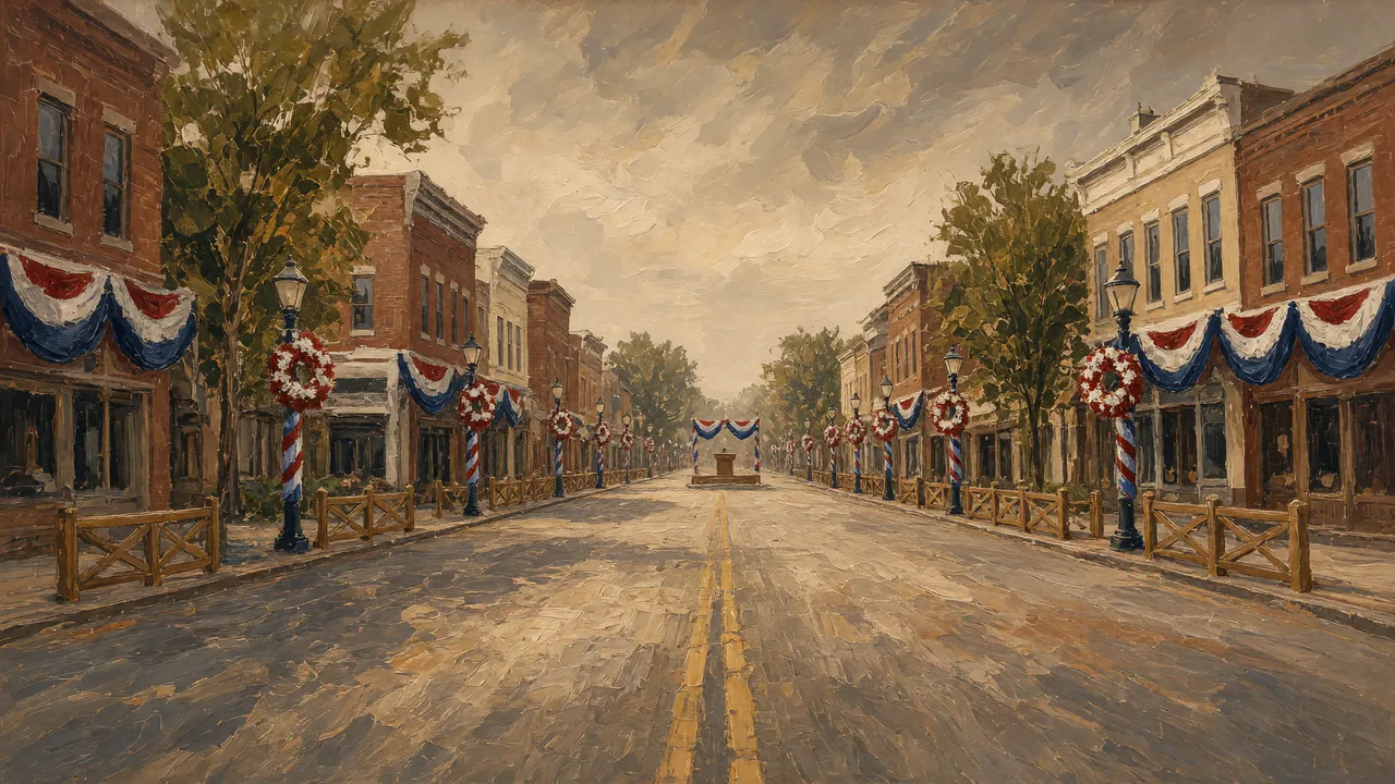 Painting of a main street with red, white and blue bunting.