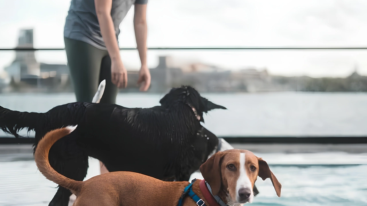 Two dogs on a waterfront deck