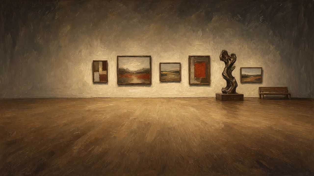 Painting of framed paintings and a sculpture in a quiet gallery.