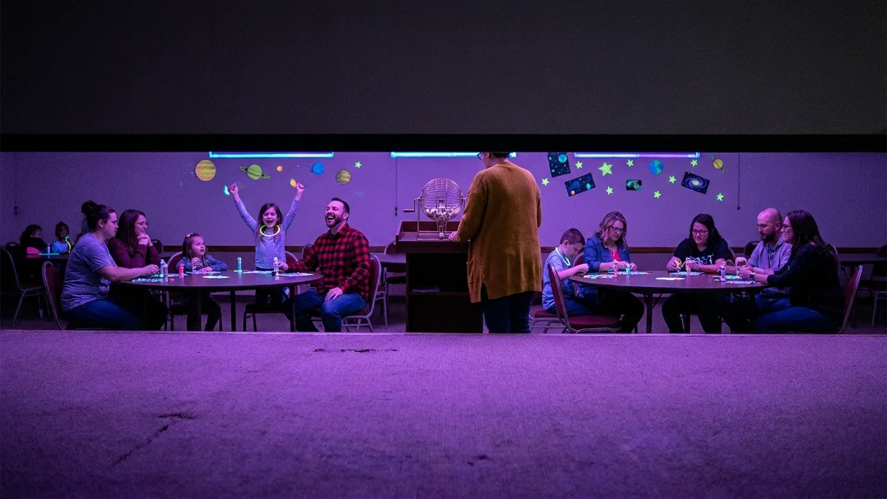 Players seated at long tables in a hall lit in purple, a caller standing at the front.