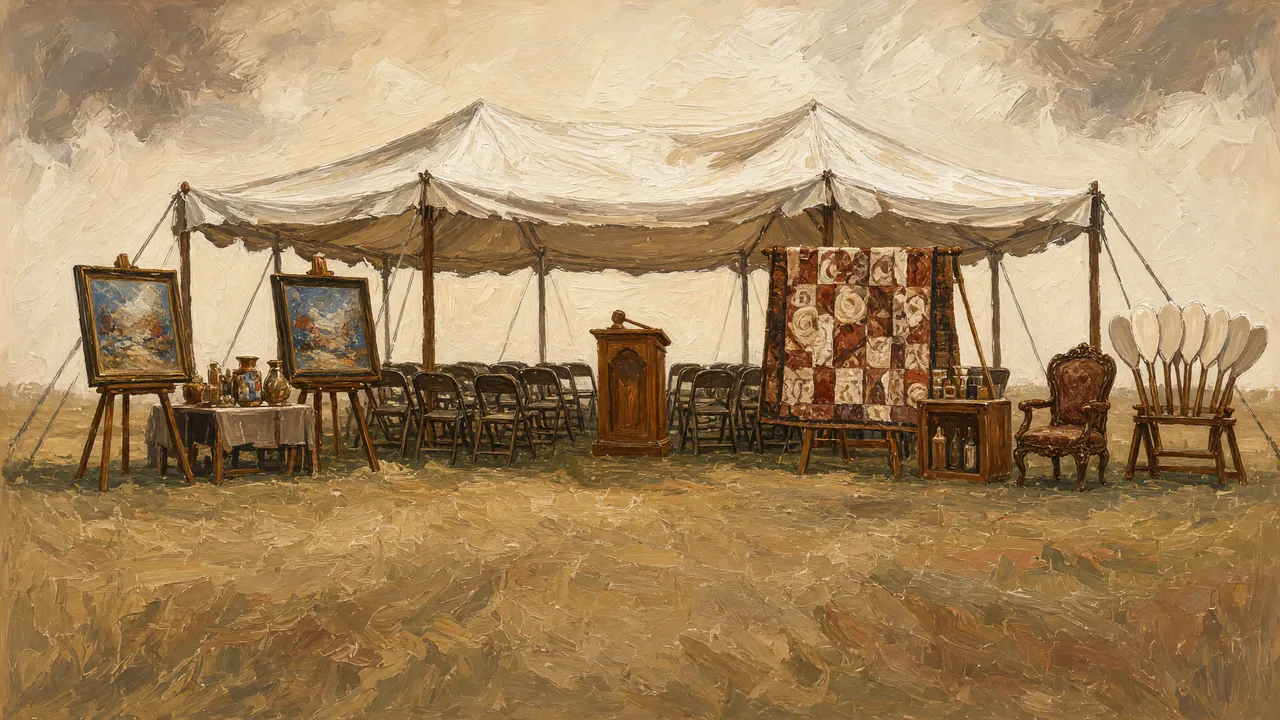 Painting of furniture, quilts and framed art displayed under a white tent.