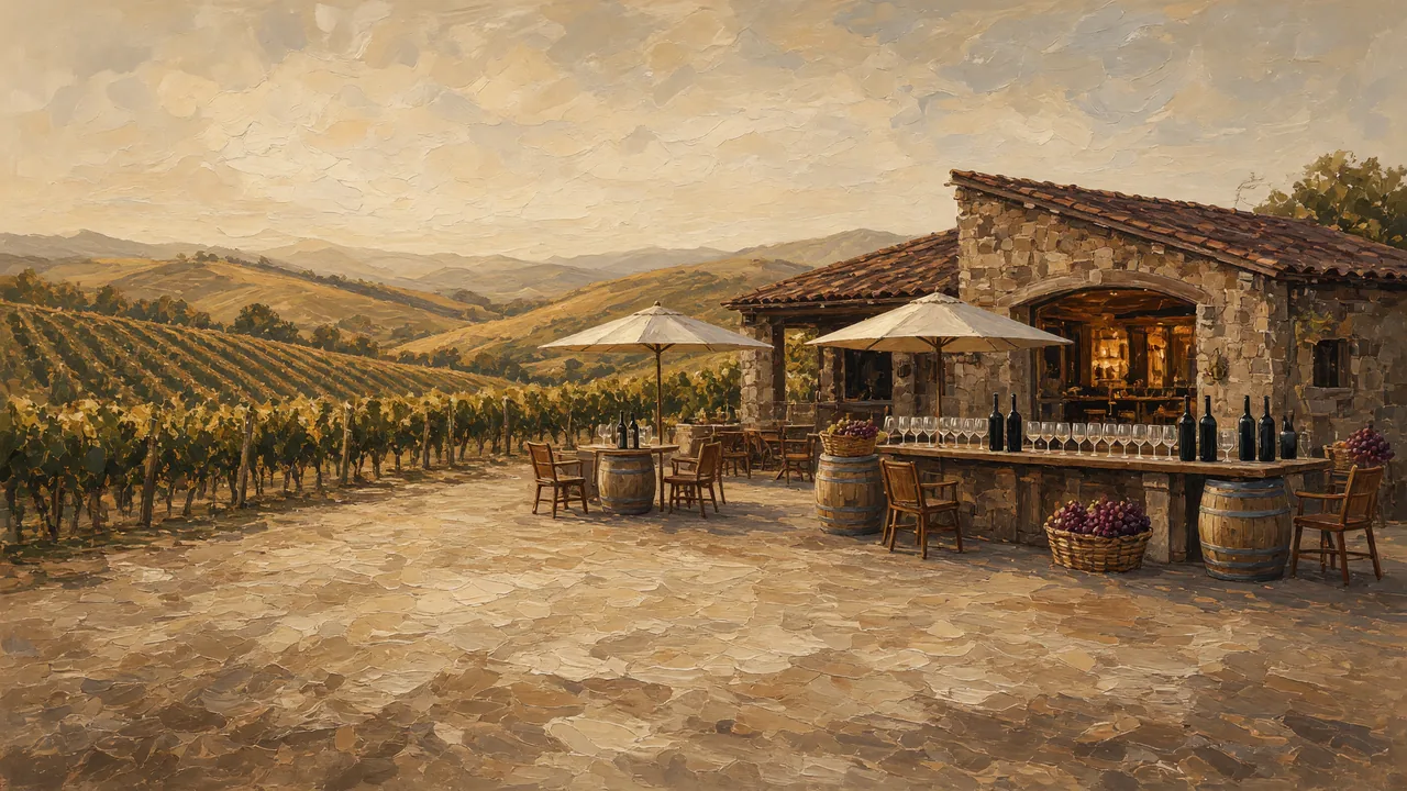Painting of a stone building with a patio overlooking vineyards.