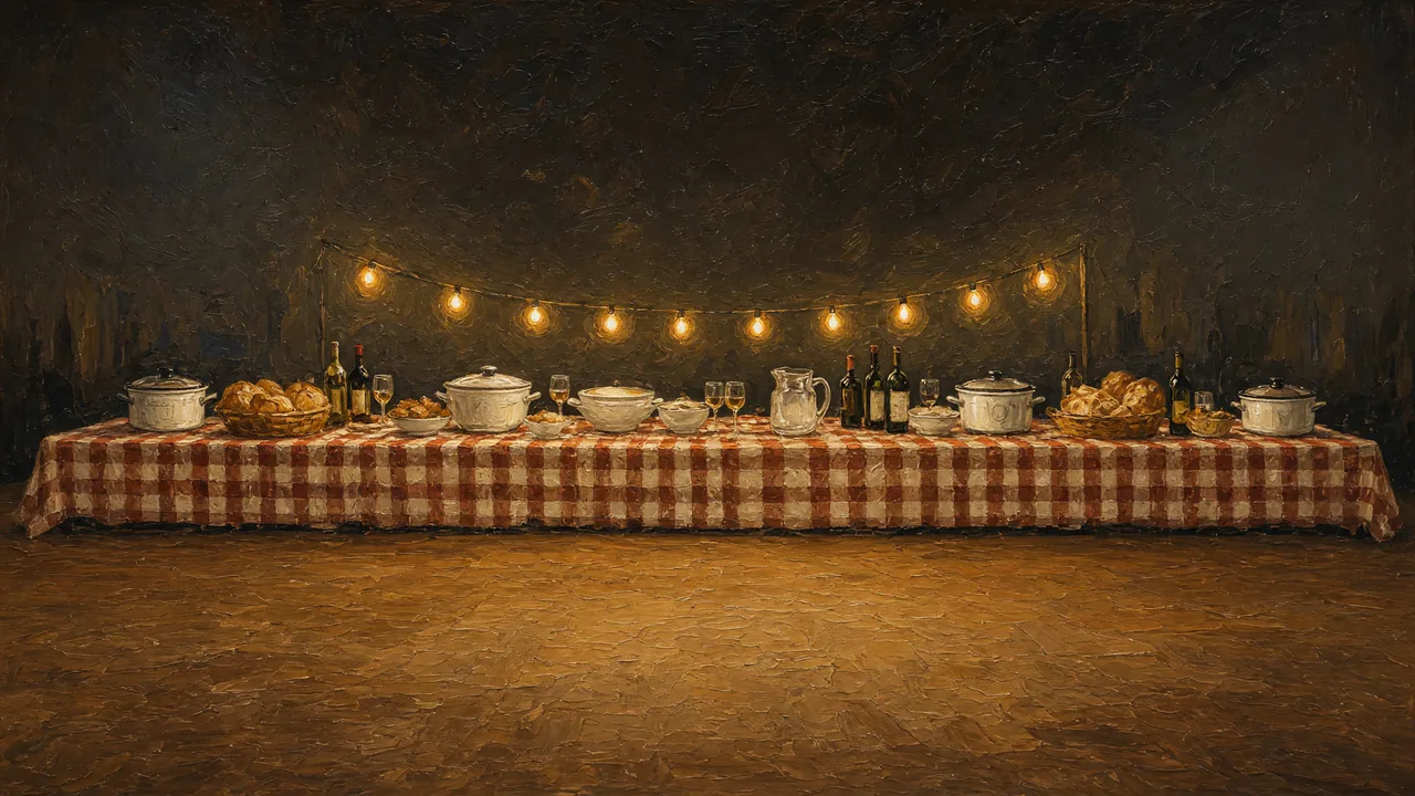 Painting of a long checked-cloth table with food under string lights.