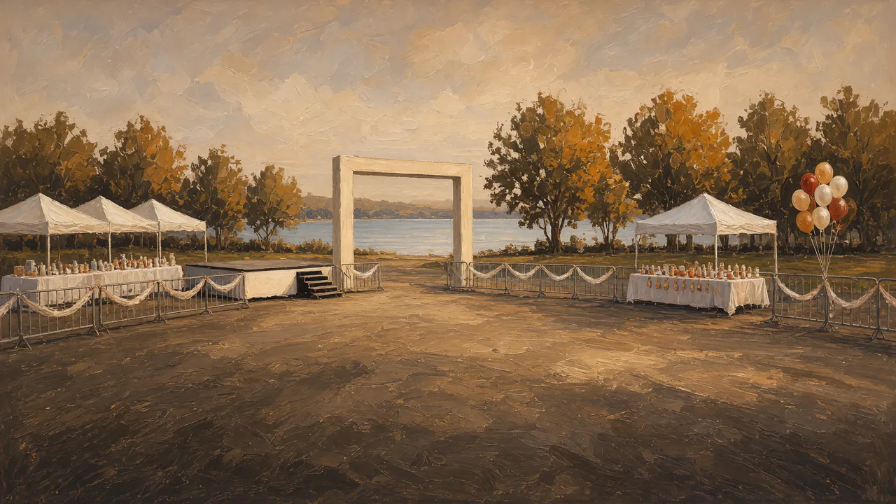 Painting of a start arch and canopies by a lake with balloons.