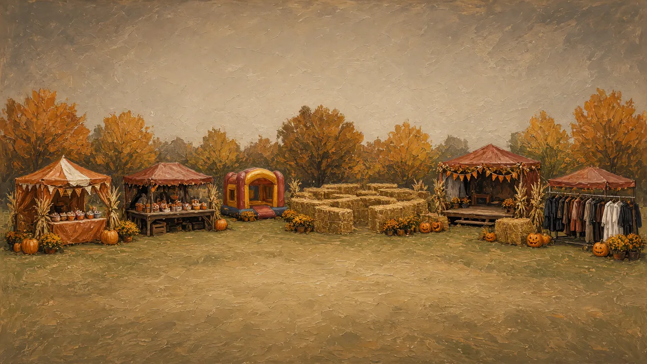 Painting of hay bales and small tents in a park among autumn trees.
