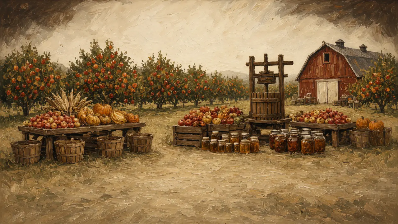 Painting of baskets of produce in an orchard by a red barn.