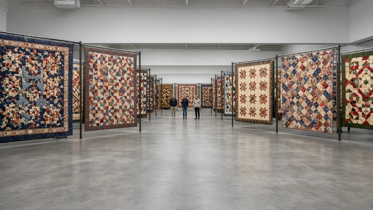 Rows of colorful quilts hung on display walls in a long exhibition hall.