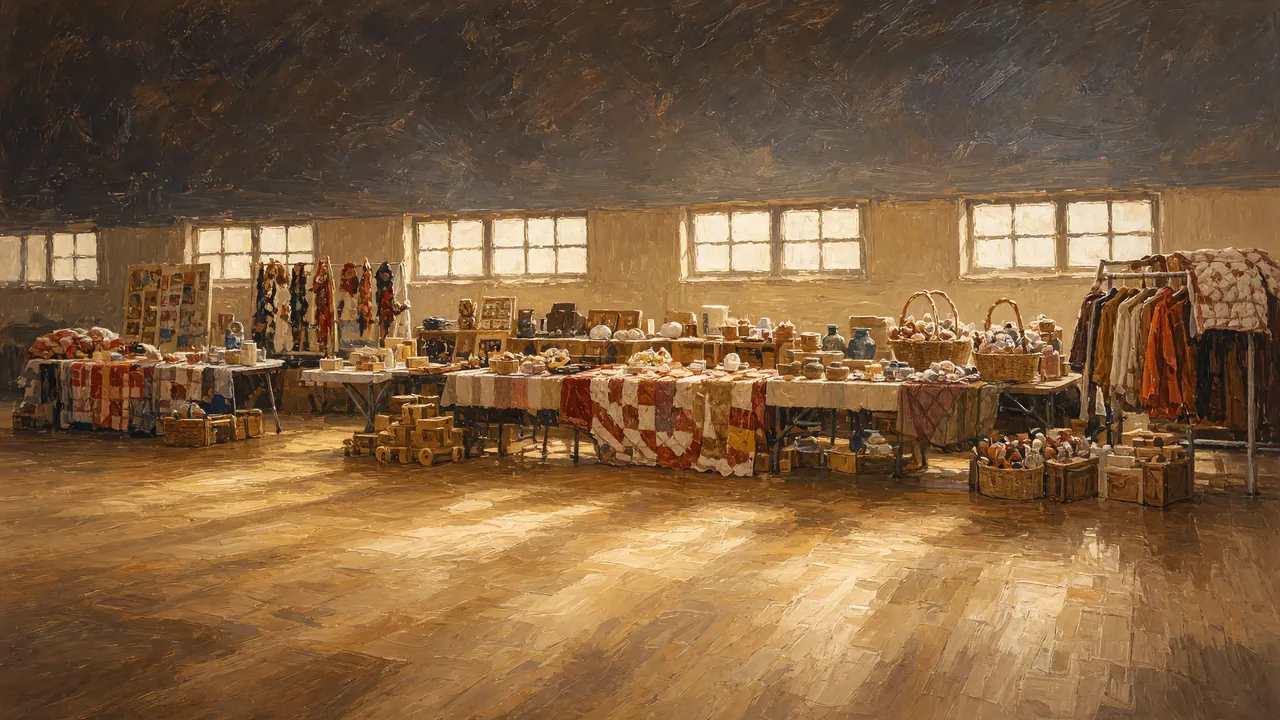 Painting of quilts and crafts displayed in a hall with tall windows.