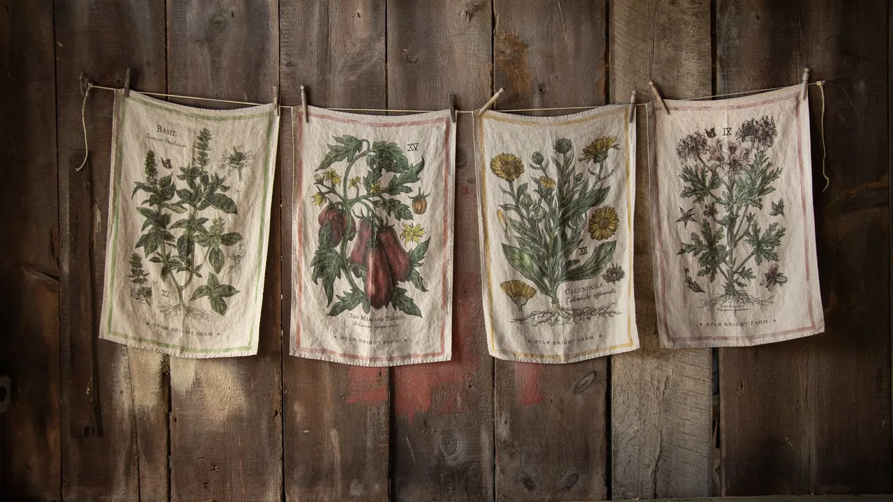 Botanical prints hang on a weathered wood wall