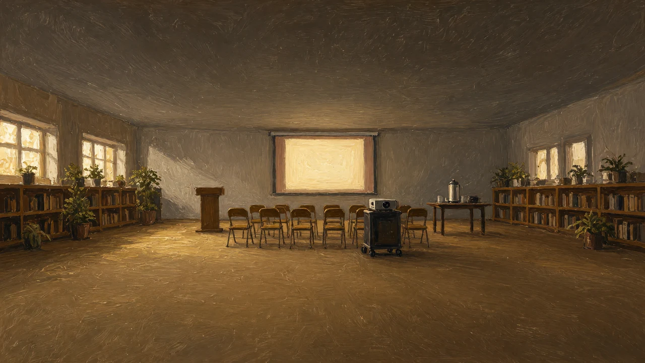 Painting of a projection screen and chairs in a library room.