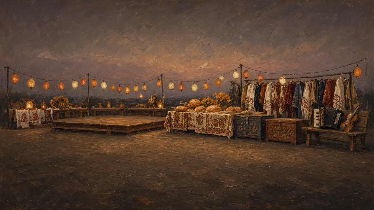 Painting of a stage and booths under strings of lanterns at dusk.