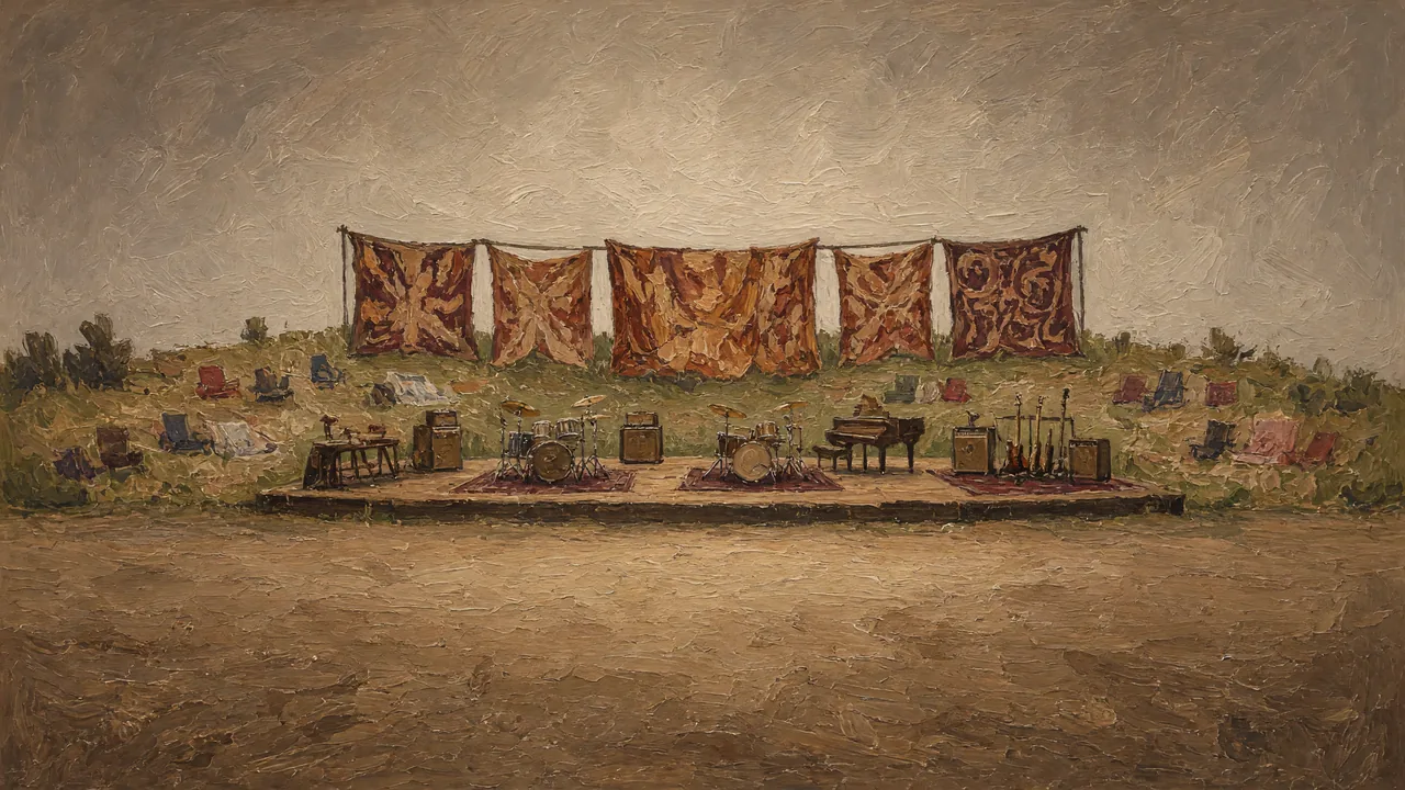 Painting of a stage with instruments before patterned hanging rugs.