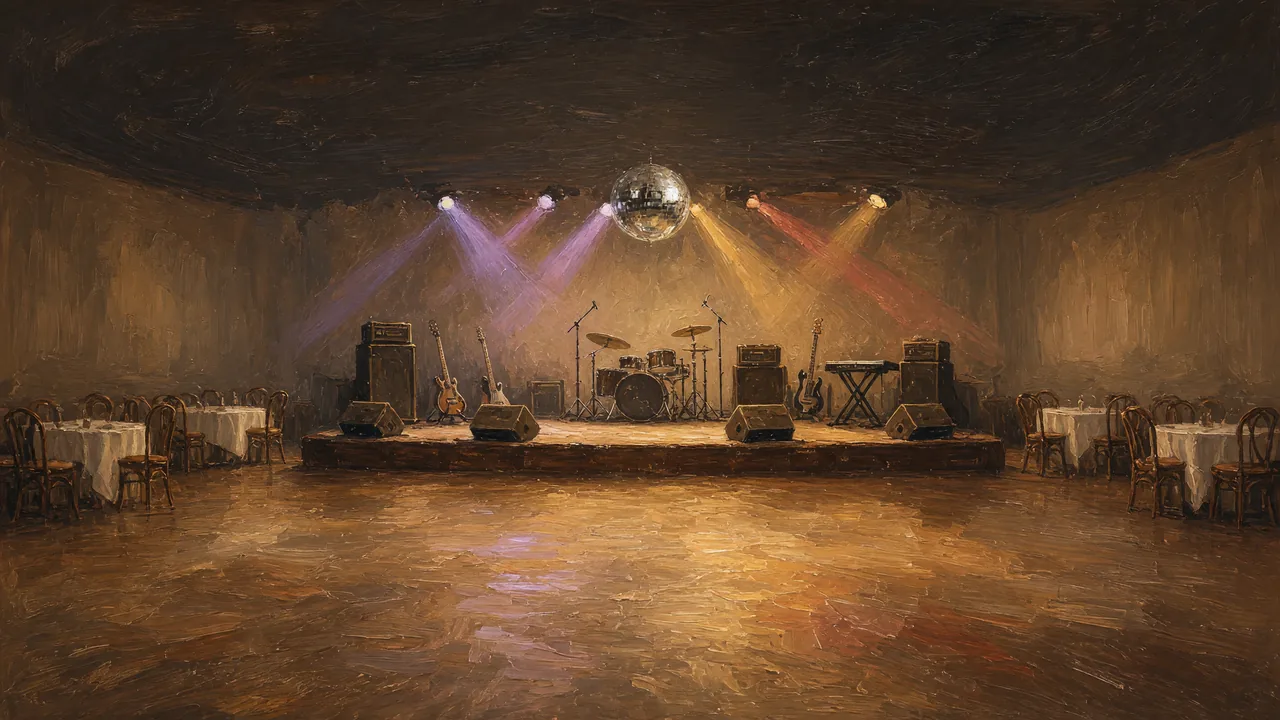 An empty ballroom stage with drums, guitars, amps and keyboard under a mirror ball and colored party lights.