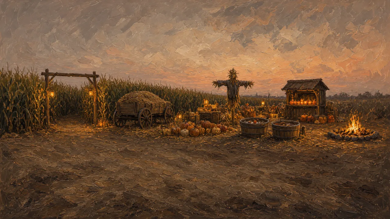 Painting of a scarecrow, hay bales and lanterns at a dusky fairground.
