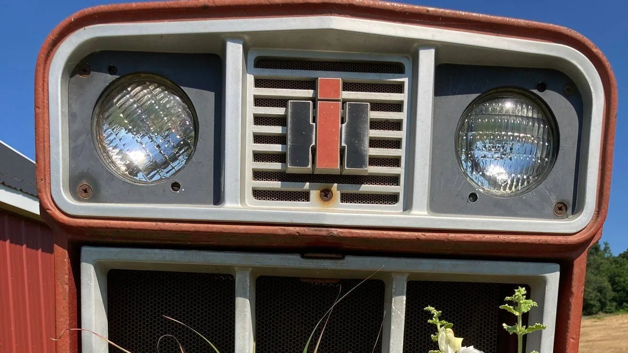 The grille and headlights of a vintage red farm truck against a blue sky.