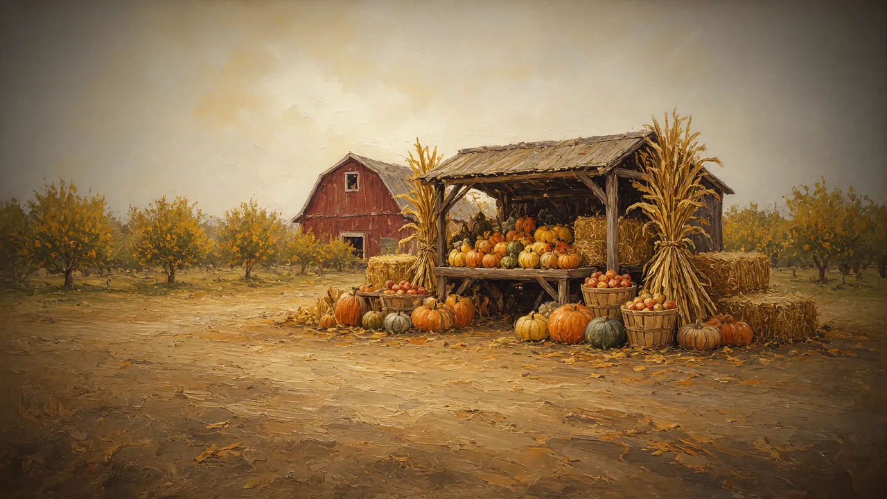 Painting of a farm stand piled with pumpkins and corn stalks beside a red barn.