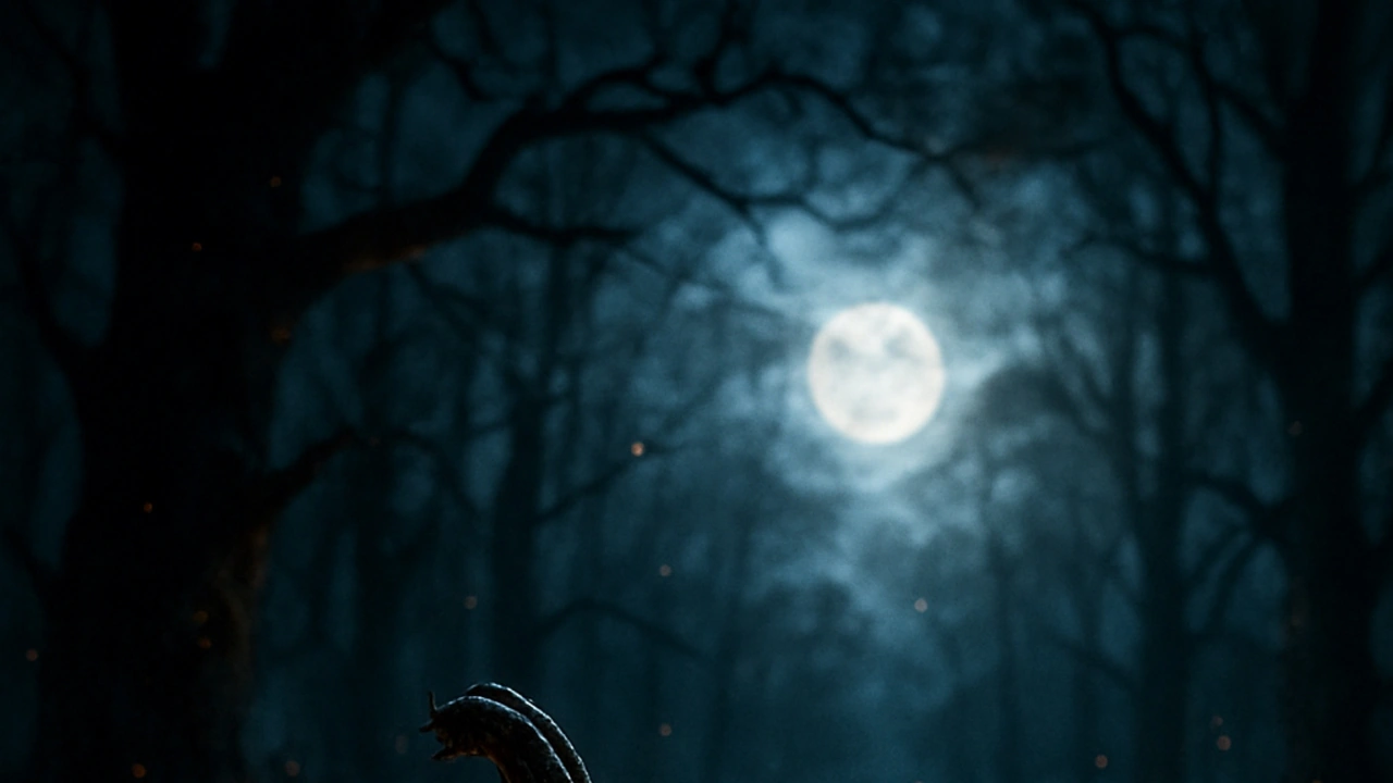 A full moon over a dark forest