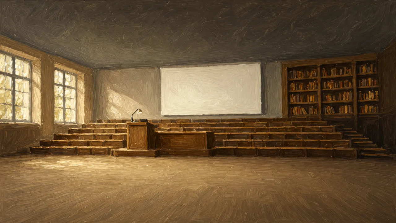 An empty lecture hall in daylight with a wooden podium, tiered seats, a blank screen and tall windows.