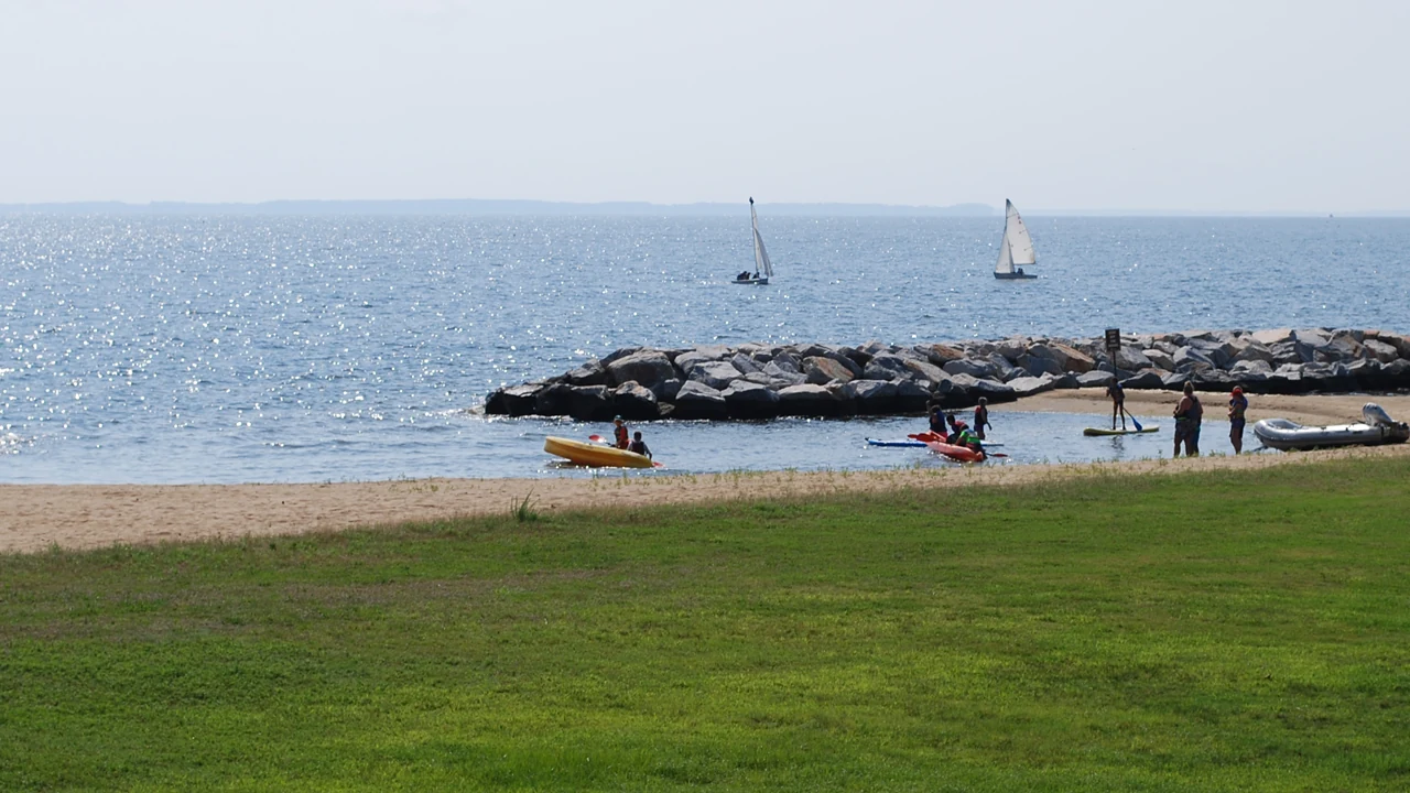 Sailboats on the bay beyond a rock jetty, with kayakers on the beach and a lawn in front.