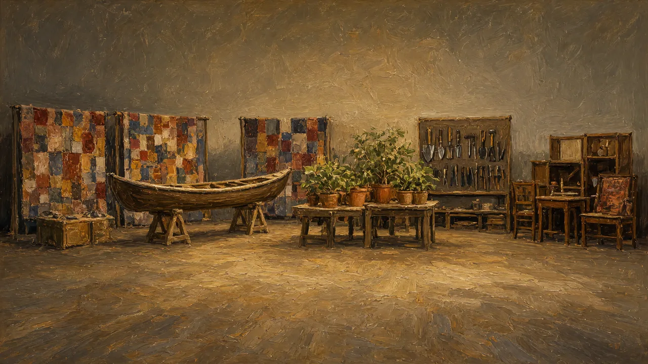 Painting of quilts, a canoe, potted plants and furniture displayed in a hall.