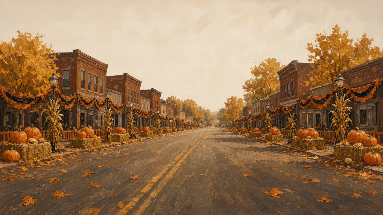 Painting of a brick main street lined with pumpkins and autumn leaves.