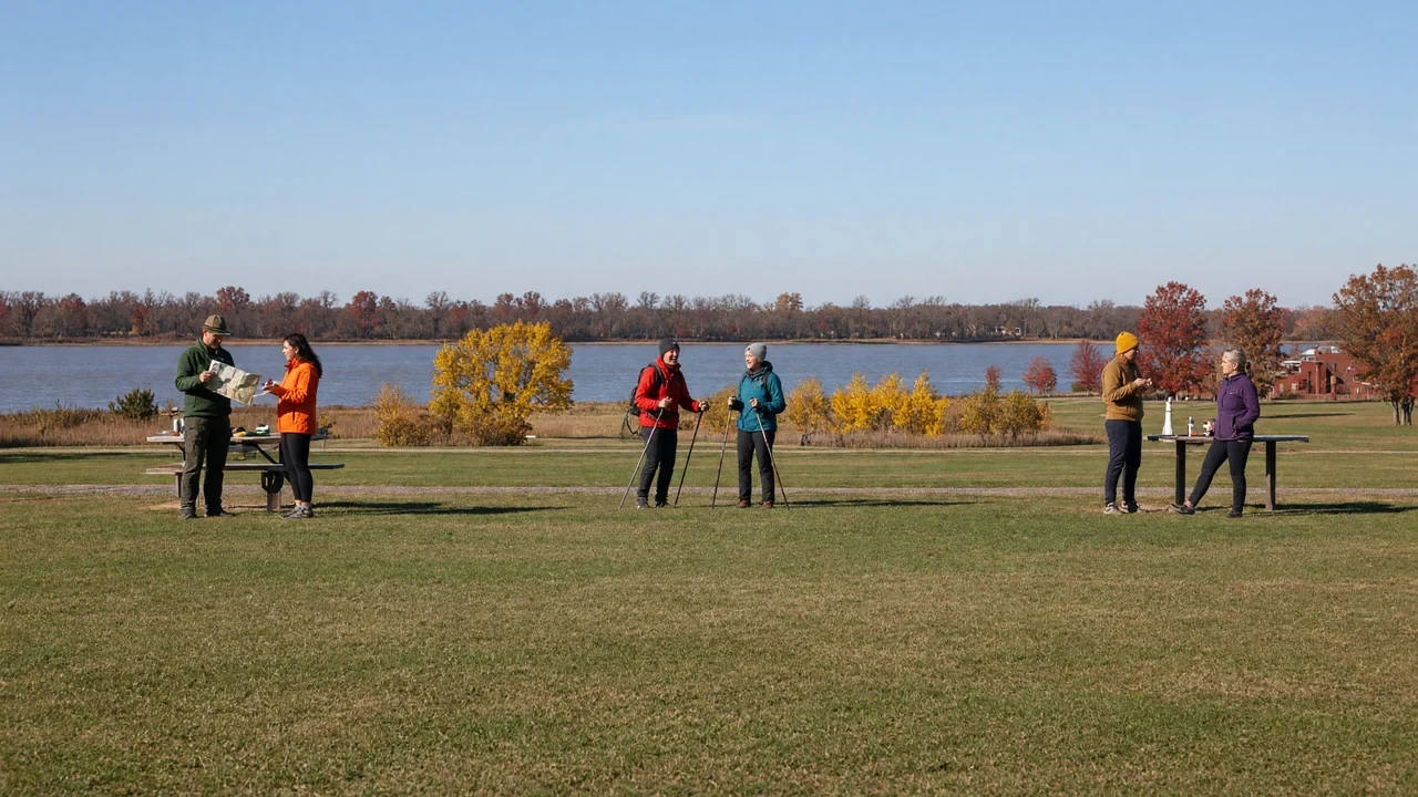 Birders with binoculars scanning the sky from a lakeside field in autumn.