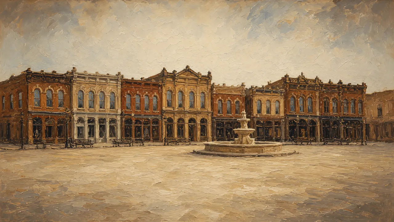 Painting of brick buildings around a fountain on a town square.