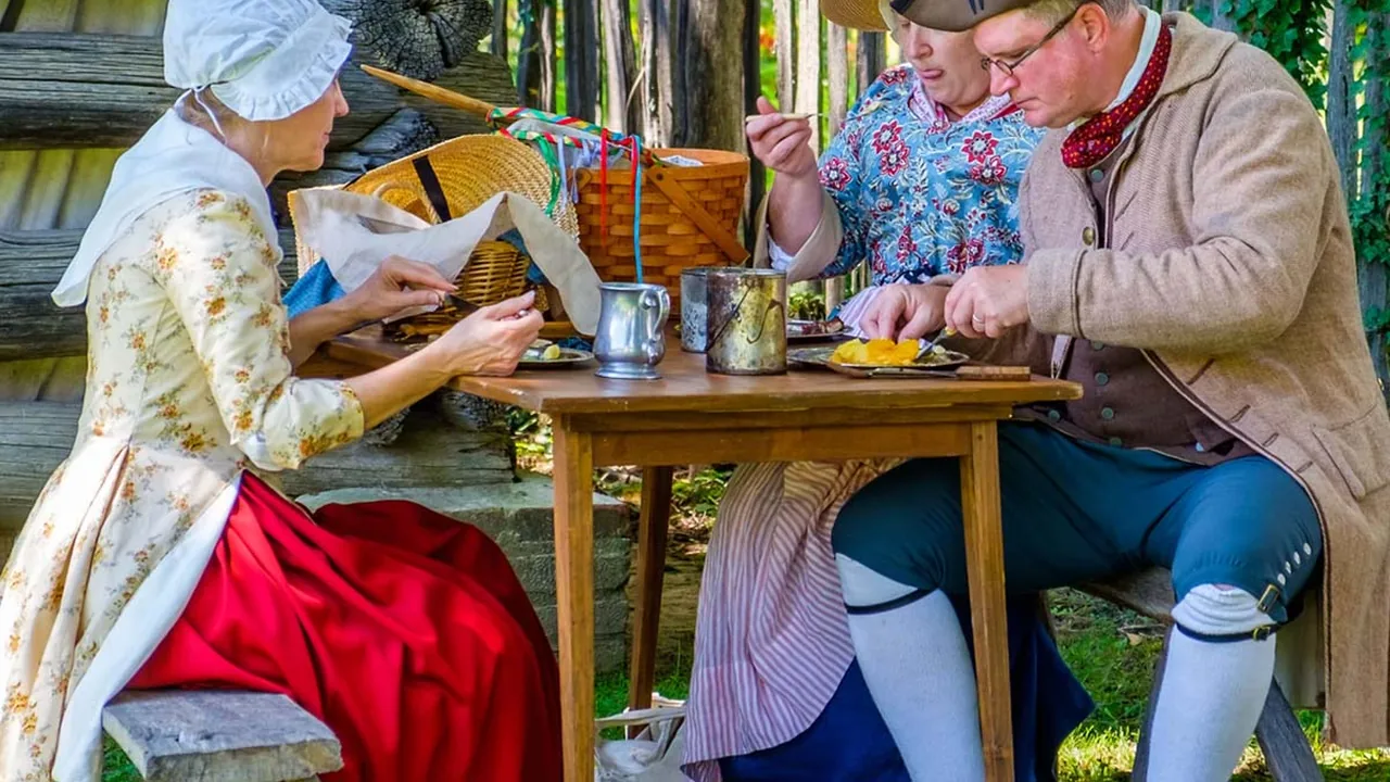 Reenactors in colonial dress sit at a wooden table sharing a meal outdoors.