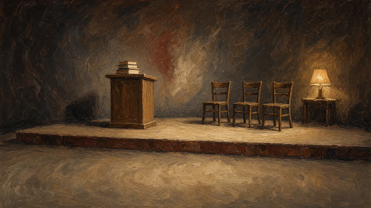 Painting of a podium, chairs and a lamp on a low stage.