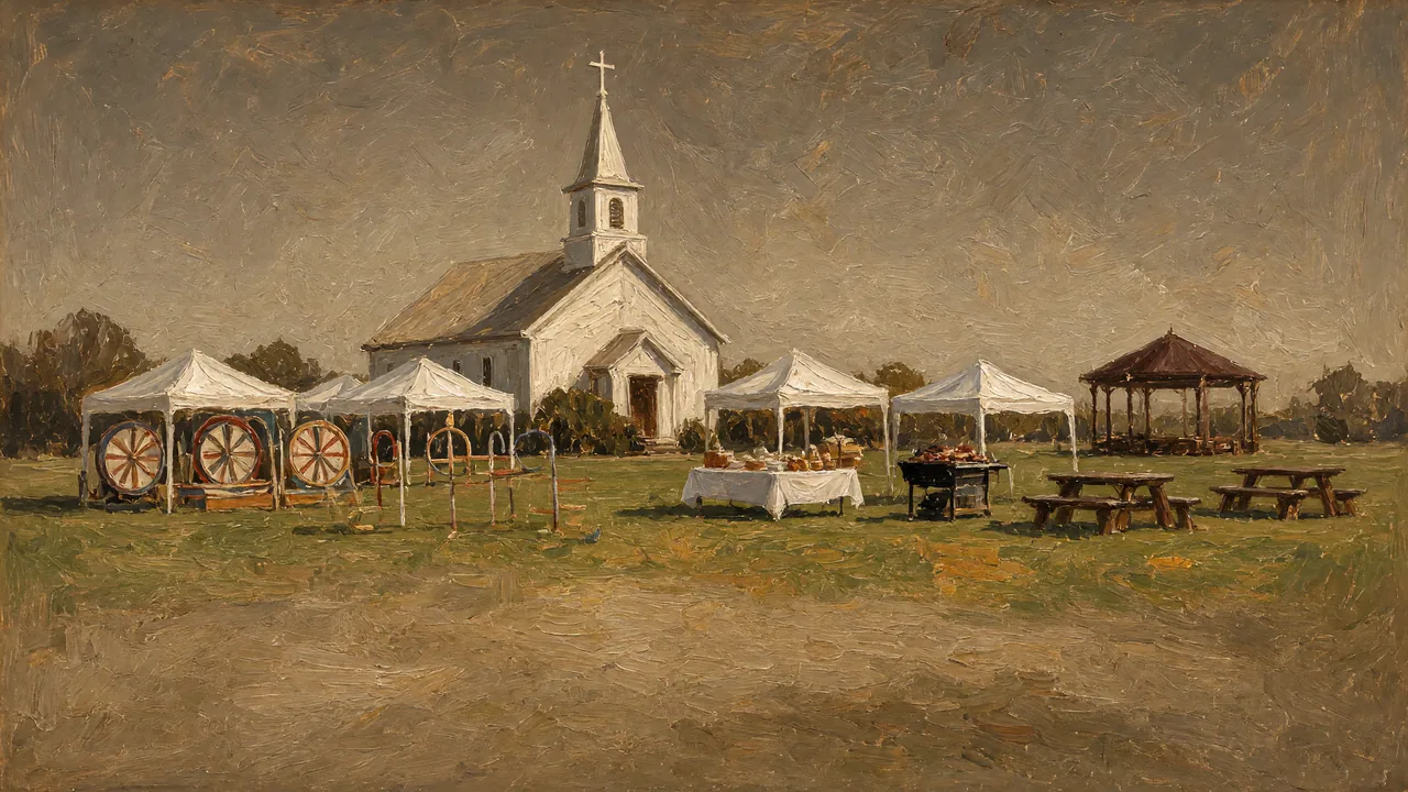 Painting of white tents and picnic tables beside a white church.