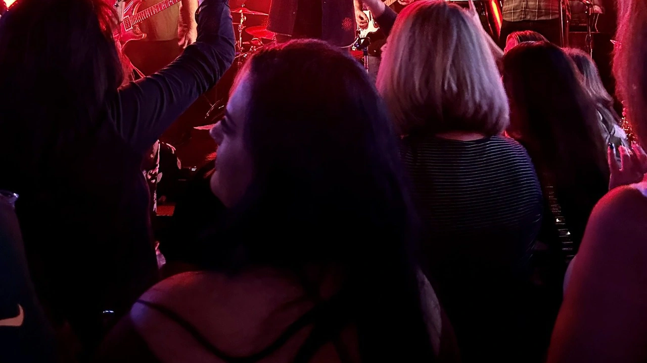 Concertgoers in a dark club face a stage lit in red.