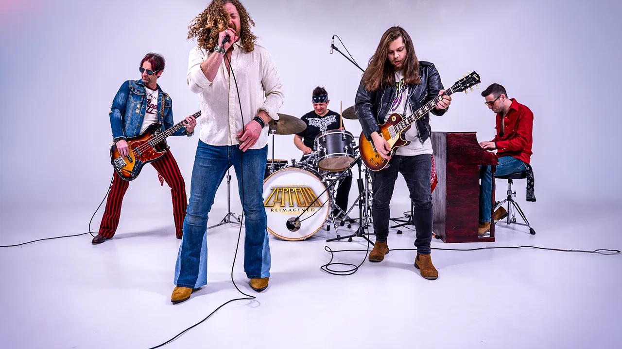 A rock band performs in a bright studio