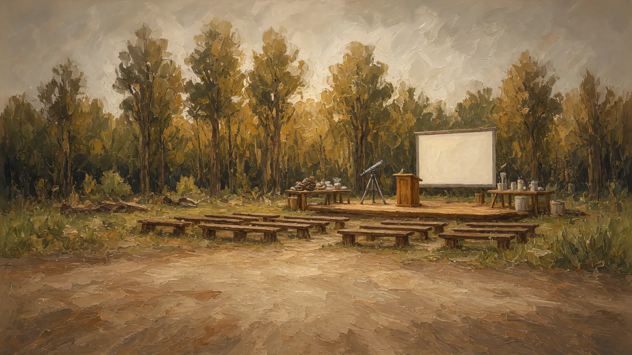 Painting of a screen and benches in a clearing among tall trees.