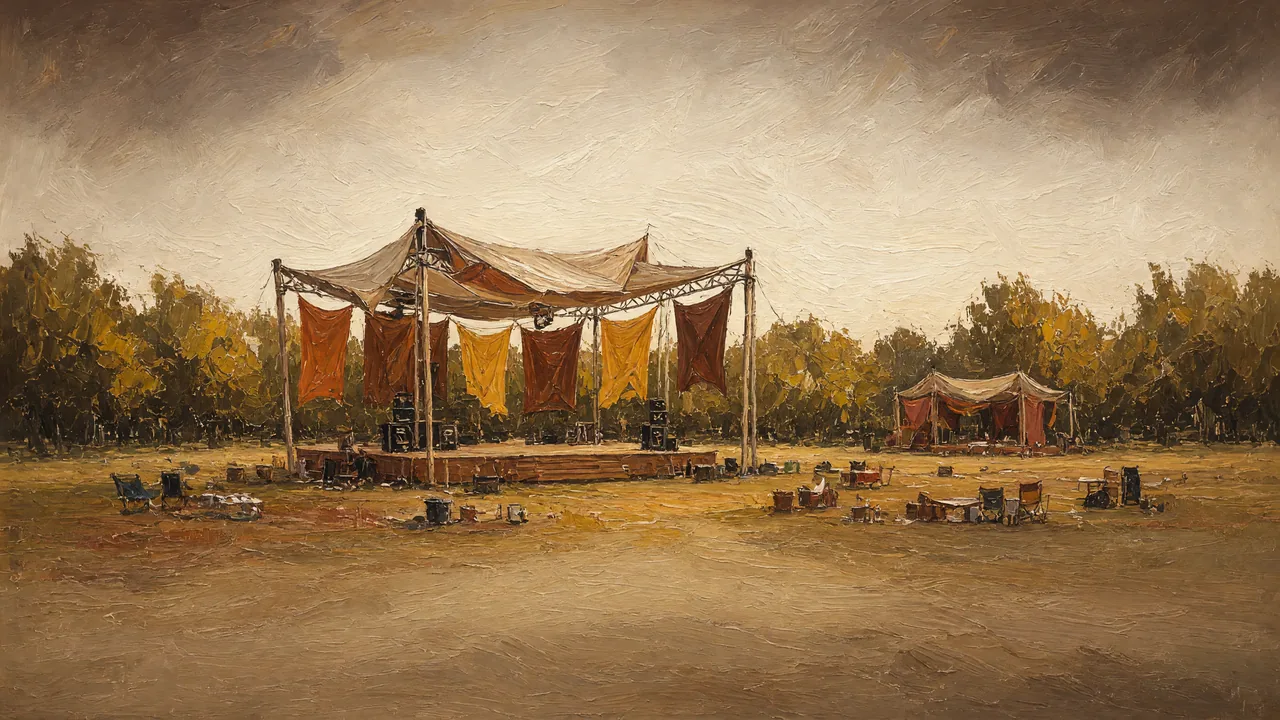 Painting of a draped outdoor stage on a field at sunset.