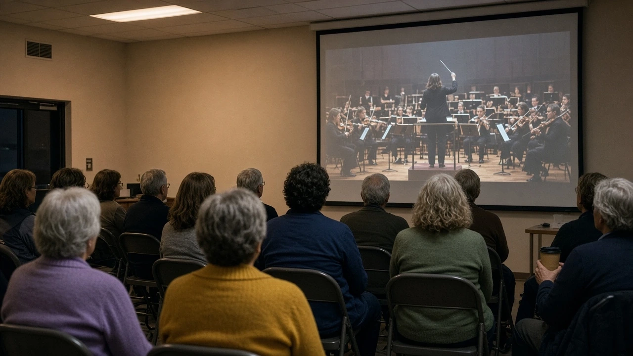 An audience seated in rows watching a film on a screen in a community hall.