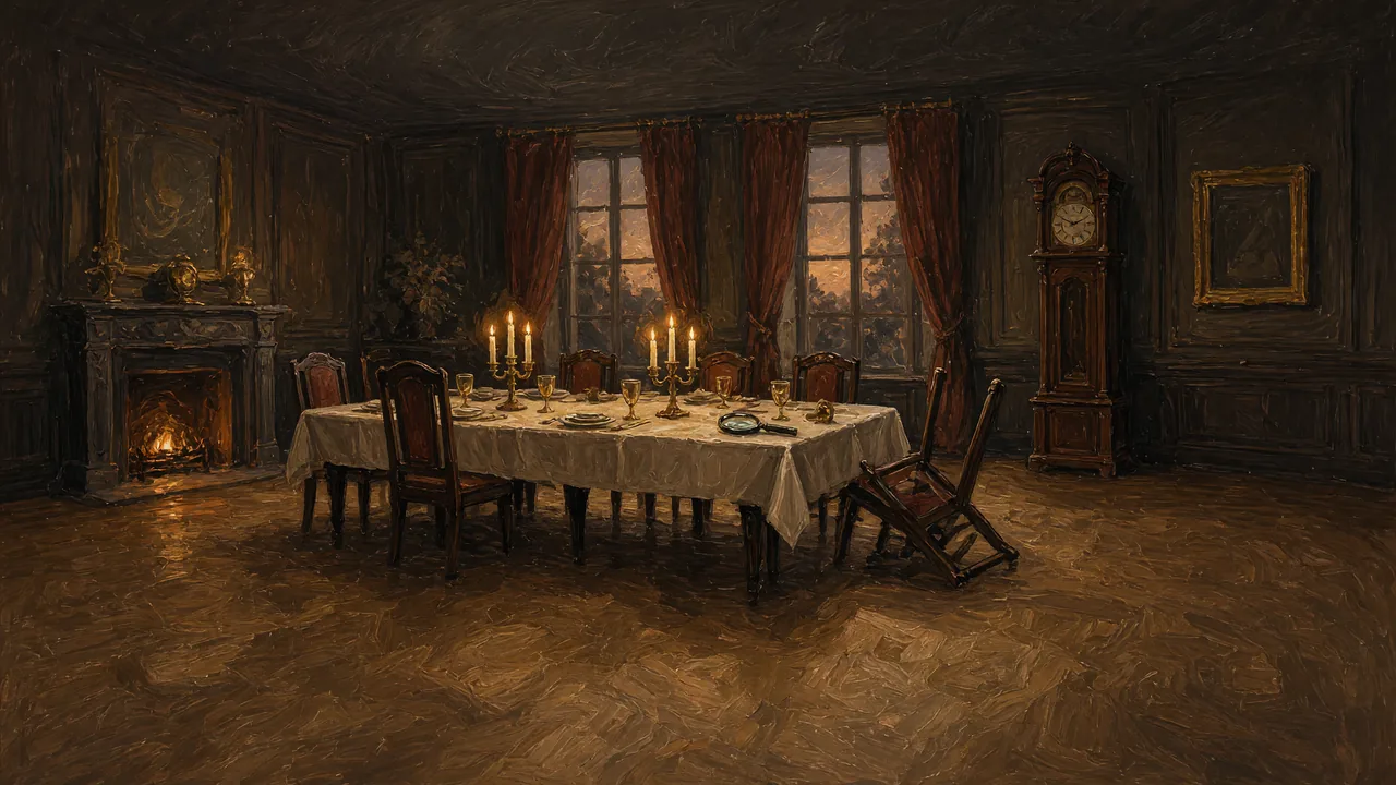 Painting of a candlelit dining room with a long table and fireplace.