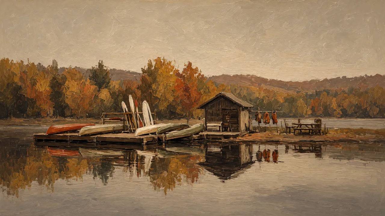 Painting of canoes and kayaks lined up at a lakeside dock in autumn.