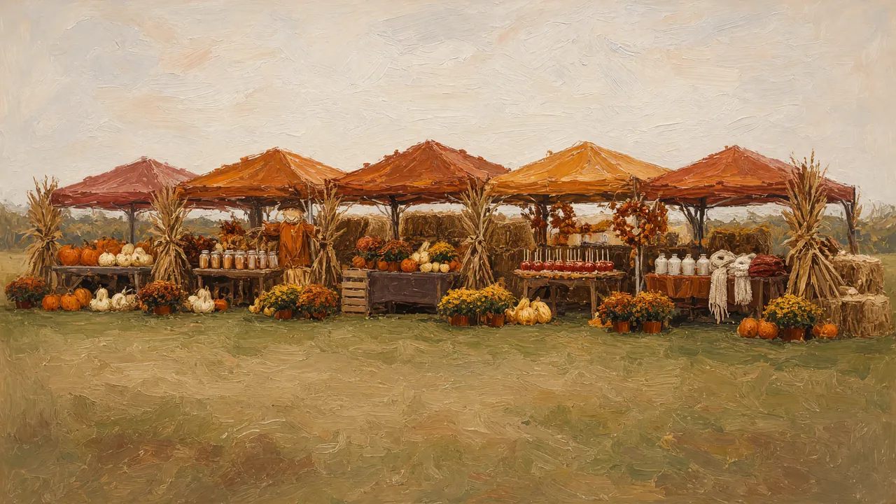 Painting of market stalls with pumpkins under orange canopies.