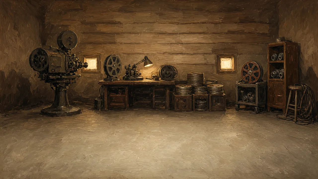Painting of an old film projector and reels in a wooden room.