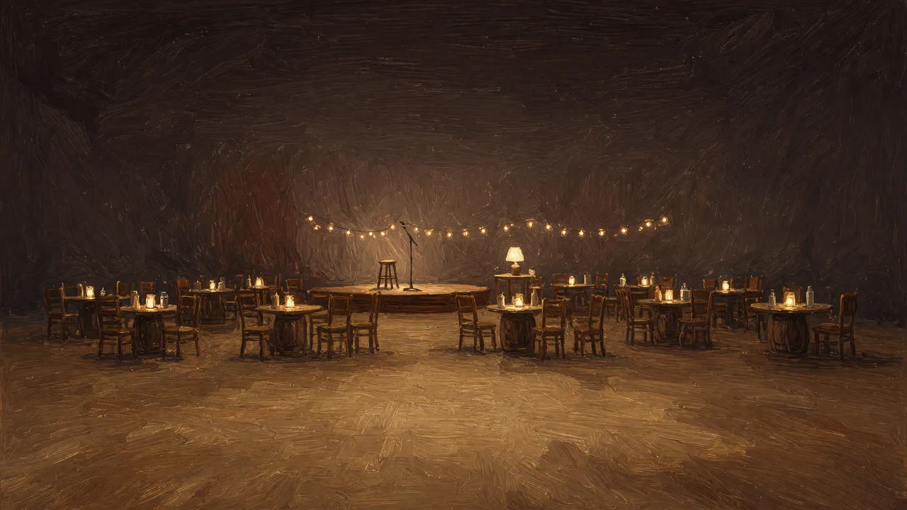 Painting of candlelit tables in a dark room.
