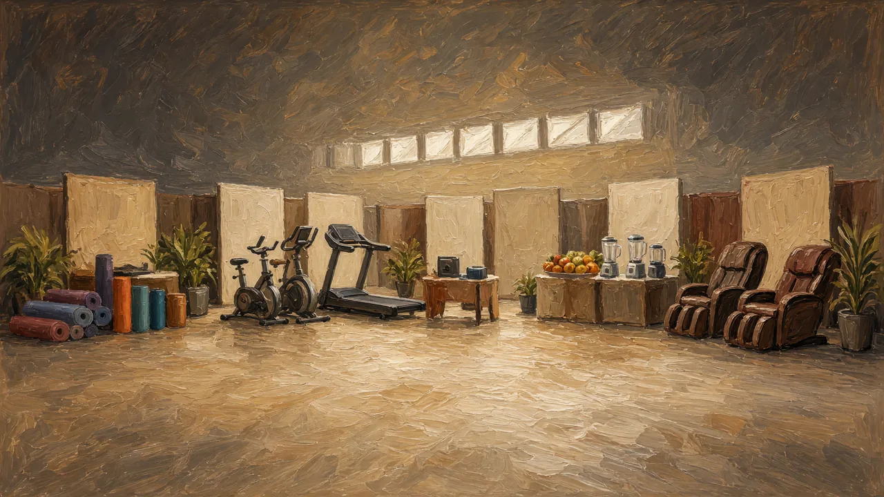 Painting of exercise equipment and massage chairs in a bright hall.