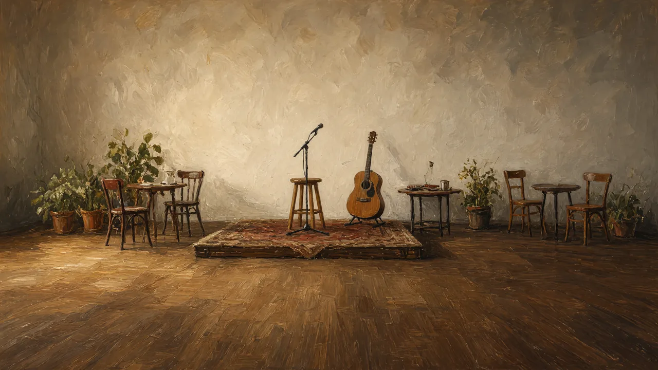 Painting of guitars, microphones and plants on a small rug stage.