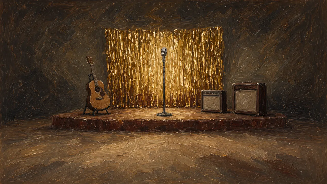 Painting of a guitar, microphone and amplifiers before a gold tinsel curtain.