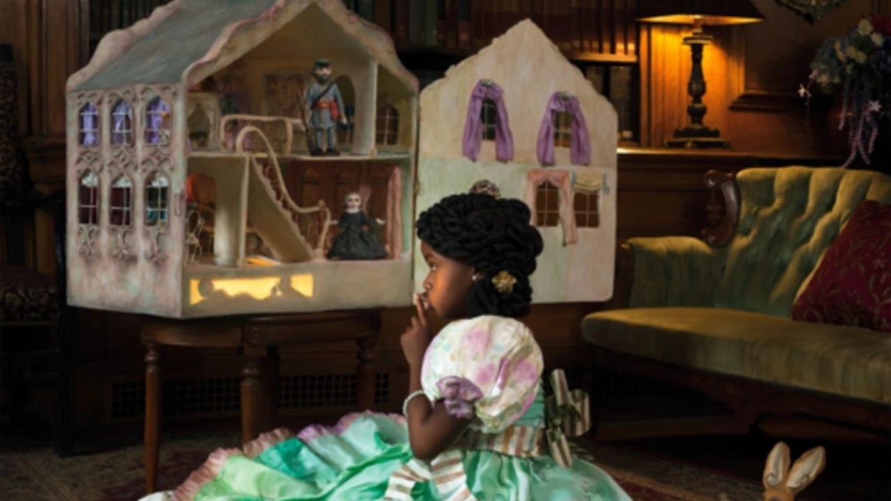 A young girl in a pale dress kneels before a large dollhouse in a cozy room.